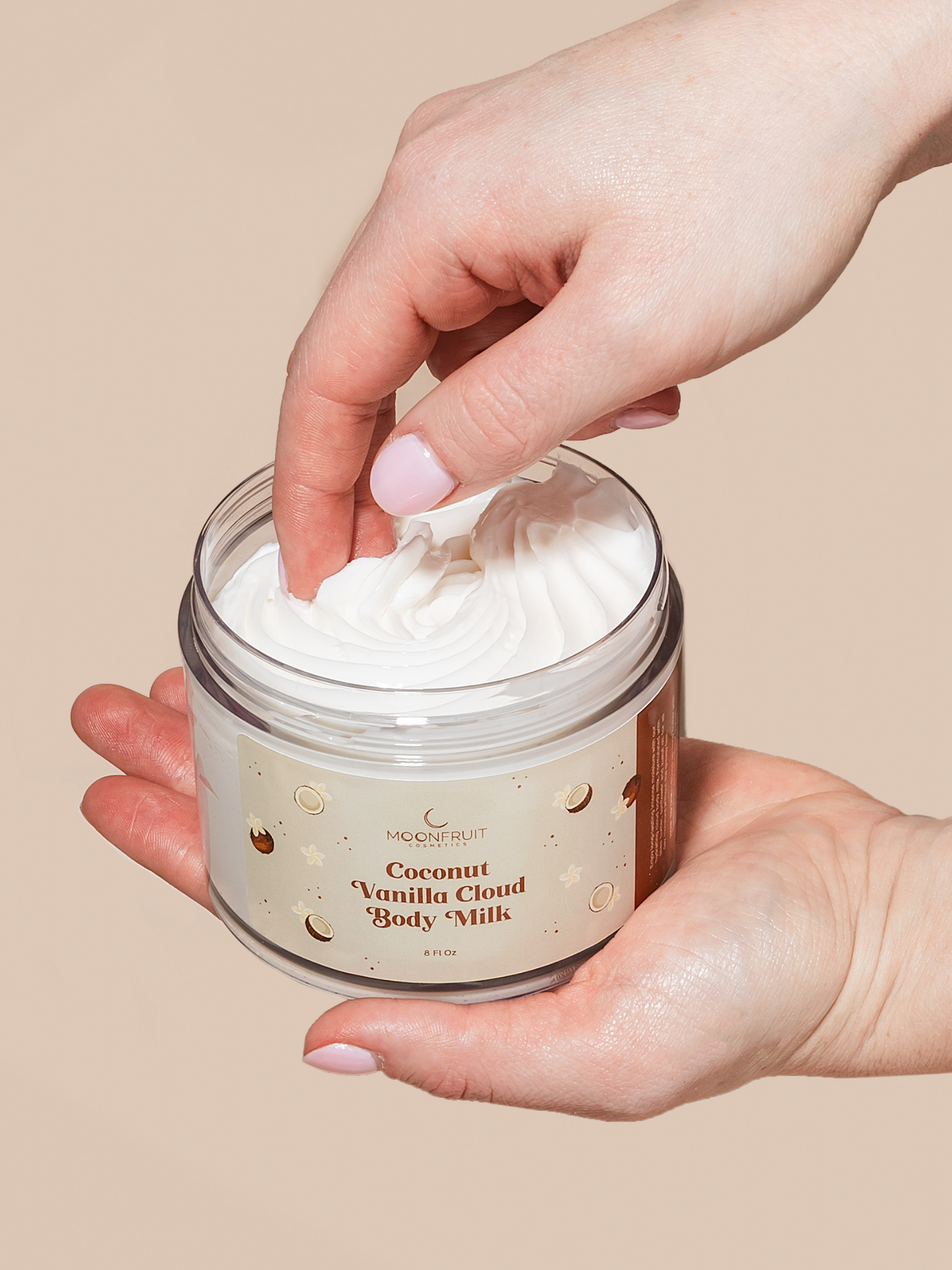 Coconut Vanilla Cloud moisturizer – a luxurious, hydrating non-greasy body butter enriched with shea butter, sunflower oil, and apple extract. This 8 oz jar showcases a whipped, creamy texture designed to deeply hydrate and soften dry skin, leaving it feeling replenished and smooth.