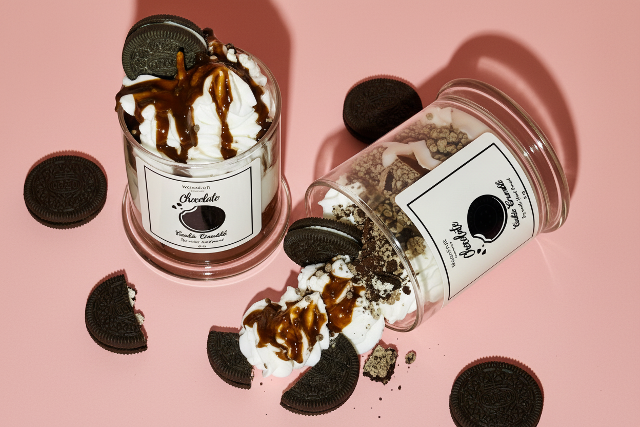 Two chocolate-themed candles with Oreo cookies on a pink background
