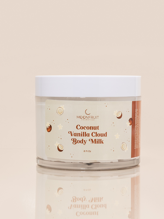 MoonFruit Cosmetics Coconut Vanilla cloud body butter – clean beauty, 8 oz jar featuring a thick, hydrating, moisturizer, creamy texture, set against a soft, neutral background.